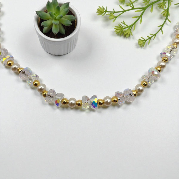 Colier Choker Perle 3mm și Cristale Sticlă 5mm, 37+5cm
