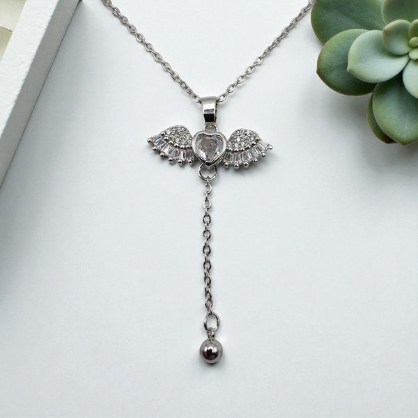 Lantisor cu Pandantiv Inimă Aripi, Argintiu, Zirconiu & Inox, 38cm