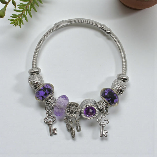 Brățară Reglabilă "Mystic Purple" tip Bangle cu Charmuri Prinzător de Vise și Chei
