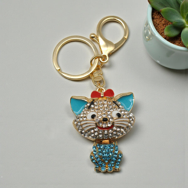 Breloc 3D "Blue Kitty" - Pisică Masivă cu Cristale Turcoaz și Detalii Aurii