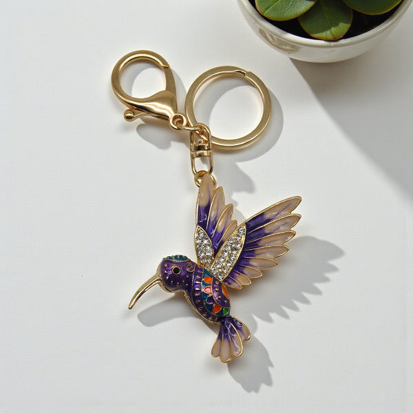 Breloc Solid 3D "Royal Hummingbird" - Colibri Mov cu Email și Cristale