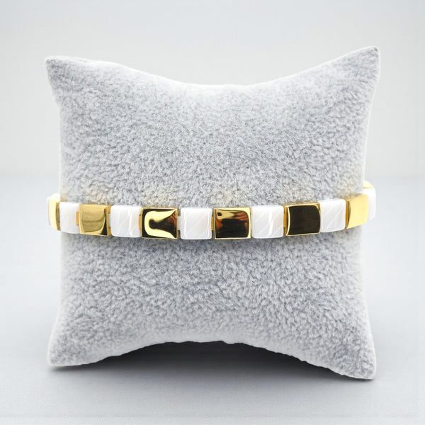 Bratara "Ceramic Blanc" din Ceramica Alba si Inox Auriu Ajustabila